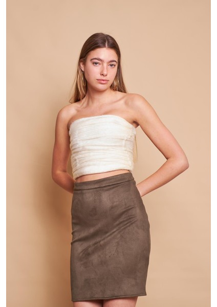 Kadın Hafif Likralı Süet Kumaş Yüksek Bel Diz Üstü Kalem Etek-Haki fiyatları