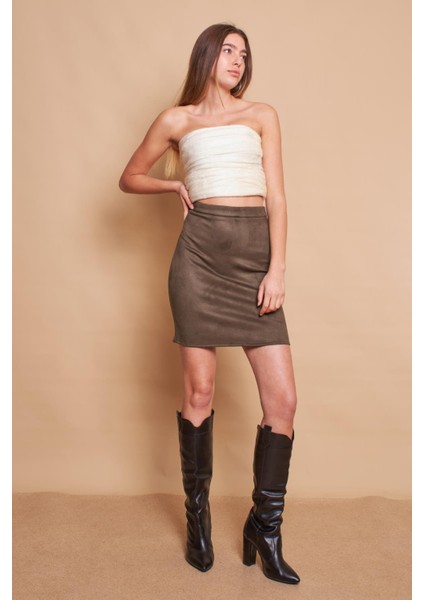 Kadın Hafif Likralı Süet Kumaş Yüksek Bel Diz Üstü Kalem Etek-Haki modelleri