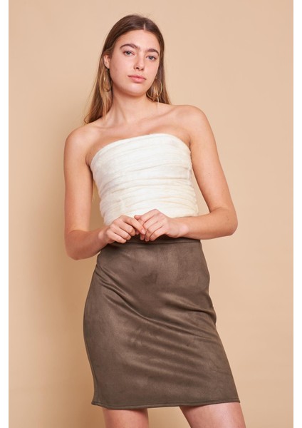 Kadın Hafif Likralı Süet Kumaş Yüksek Bel Diz Üstü Kalem Etek-Haki fırsatları