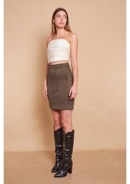 Kadın Hafif Likralı Süet Kumaş Yüksek Bel Diz Üstü Kalem Etek-Haki indirimleri
