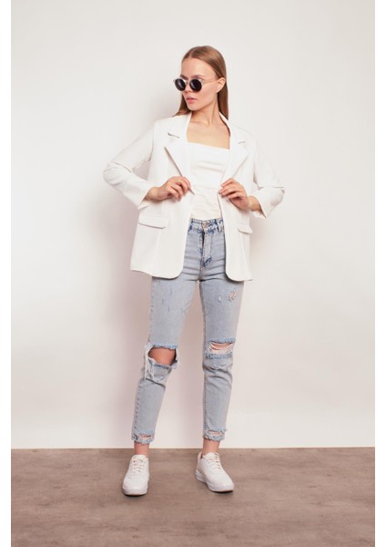 Yakalı Kolu Katlamalı Cep Kapaklı Salaş Boyfriend Oversize Hafif Likralı Kumaş Blazer Ceket-Krem indirimleri