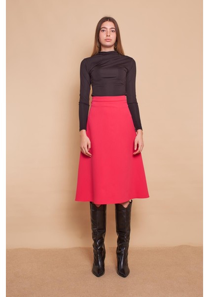 Kadın Yüksek Bel Diz Altı Hafif Likralı Kumaş Çan Etek-Fujya