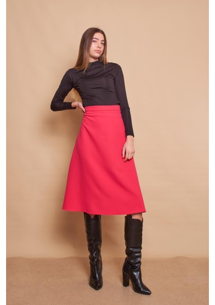 Kadın Yüksek Bel Diz Altı Hafif Likralı Kumaş Çan Etek-Fujya fiyatları