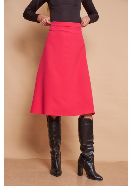 Kadın Yüksek Bel Diz Altı Hafif Likralı Kumaş Çan Etek-Fujya modelleri