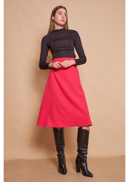 Kadın Yüksek Bel Diz Altı Hafif Likralı Kumaş Çan Etek-Fujya fırsatları