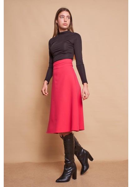 Kadın Yüksek Bel Diz Altı Hafif Likralı Kumaş Çan Etek-Fujya indirimleri