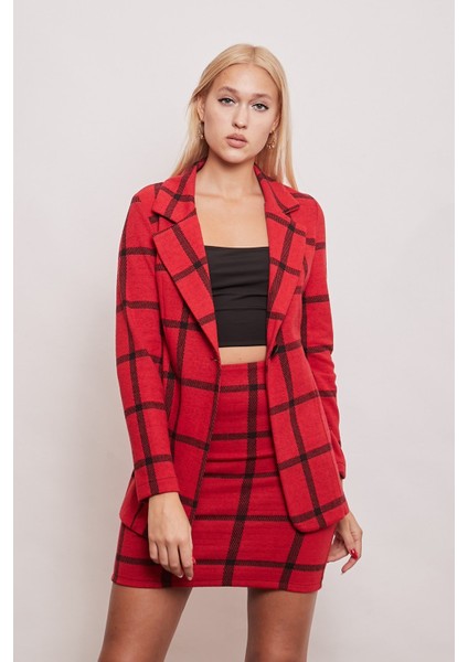 Kışlık Yünlü Kumaş Yüksek Bel Diz Üstü Kalem Etek-Kırmızı Kareli