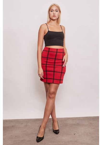 Kışlık Yünlü Kumaş Yüksek Bel Diz Üstü Kalem Etek-Kırmızı Kareli fiyatları