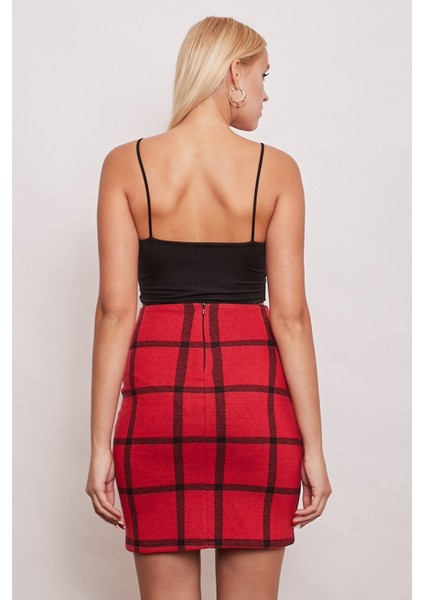 Kışlık Yünlü Kumaş Yüksek Bel Diz Üstü Kalem Etek-Kırmızı Kareli fırsatları