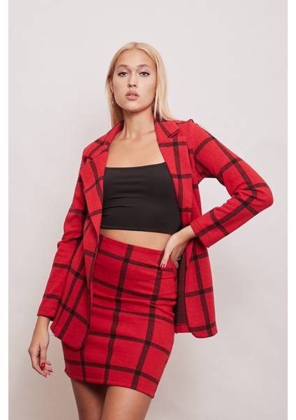 Kışlık Yünlü Kumaş Yüksek Bel Diz Üstü Kalem Etek-Kırmızı Kareli indirimleri