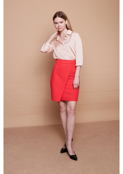 Yüksek Bel Anvelop Kruvaze Pamuklu Likralı Kumaş Kalem Ofis Etek -Mercan