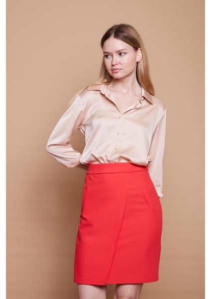 Yüksek Bel Anvelop Kruvaze Pamuklu Likralı Kumaş Kalem Ofis Etek -Mercan fiyatları