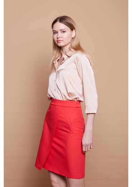 Yüksek Bel Anvelop Kruvaze Pamuklu Likralı Kumaş Kalem Ofis Etek -Mercan fırsatları