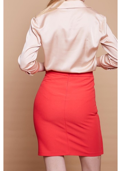 Yüksek Bel Anvelop Kruvaze Pamuklu Likralı Kumaş Kalem Ofis Etek -Mercan indirimleri