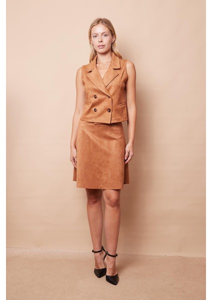 Hafif Likralı Süet Kumaş Yüksek Bel Diz Üstü Kısa Kiloş Etek-Camel