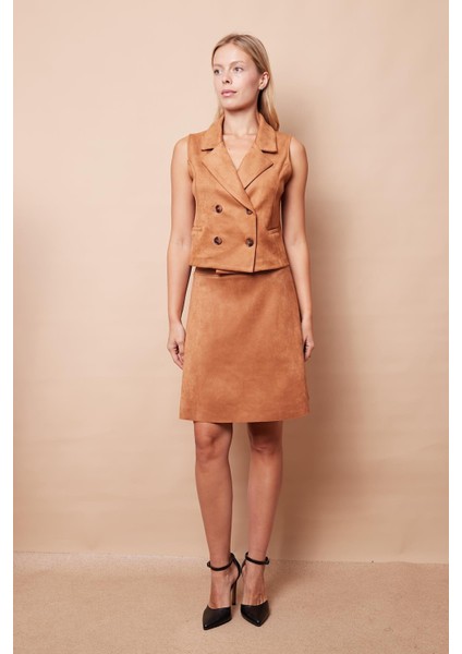 Hafif Likralı Süet Kumaş Yüksek Bel Diz Üstü Kısa Kiloş Etek-Camel fiyatları