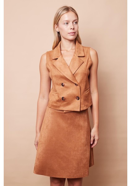 Hafif Likralı Süet Kumaş Yüksek Bel Diz Üstü Kısa Kiloş Etek-Camel modelleri