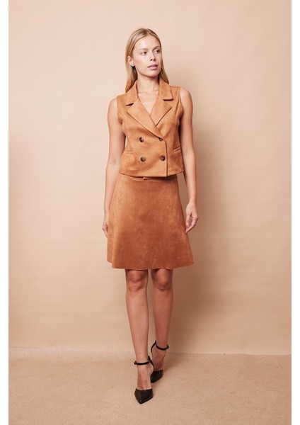 Hafif Likralı Süet Kumaş Yüksek Bel Diz Üstü Kısa Kiloş Etek-Camel fırsatları