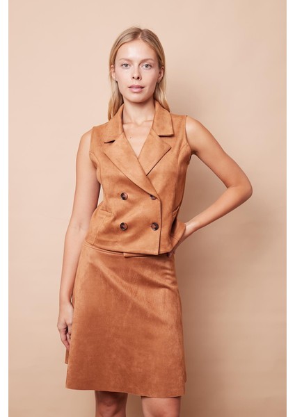 Hafif Likralı Süet Kumaş Yüksek Bel Diz Üstü Kısa Kiloş Etek-Camel indirimleri