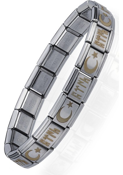 Ay Yıldızlı Göktürkçe Türk Italyan Charm Unisex Çelik Bileklik SCB60