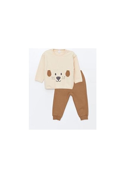 Baby Bej Bisiklet Yaka Nakışlı Erkek Bebek Sweatshirt ve Eşofman Alt 2'li Takım