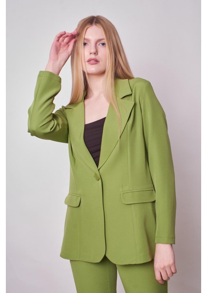 Kadın Yakalı Cep Kapaklı Uzun Kol Hafif Likralı Kumaş Oversize Blazer Ceket(Pantolonu Jument 40075)-FISTIK Yeşili fiyatları