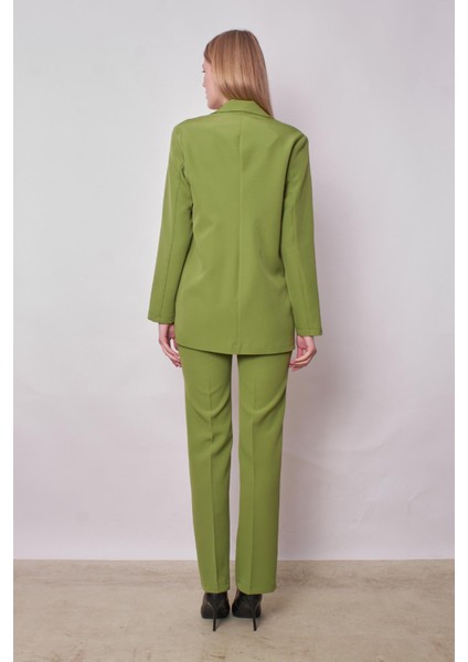 Kadın Yakalı Cep Kapaklı Uzun Kol Hafif Likralı Kumaş Oversize Blazer Ceket(Pantolonu Jument 40075)-FISTIK Yeşili modelleri