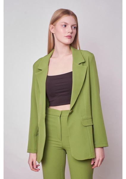 Kadın Yakalı Cep Kapaklı Uzun Kol Hafif Likralı Kumaş Oversize Blazer Ceket(Pantolonu Jument 40075)-FISTIK Yeşili fırsatları