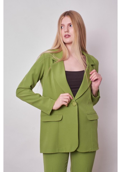 Kadın Yakalı Cep Kapaklı Uzun Kol Hafif Likralı Kumaş Oversize Blazer Ceket(Pantolonu Jument 40075)-FISTIK Yeşili indirimleri
