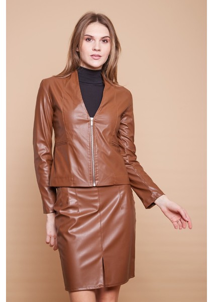 Ekolojik Suni Deri V Yaka Uzun Kol Fermuarlı Blazer Ceket-Taba fiyatları