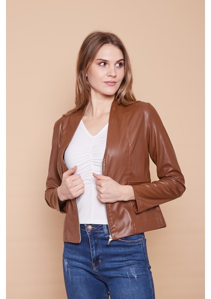 Ekolojik Suni Deri V Yaka Uzun Kol Fermuarlı Blazer Ceket-Taba fırsatları