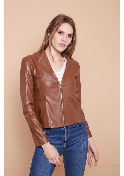 Ekolojik Suni Deri V Yaka Uzun Kol Fermuarlı Blazer Ceket-Taba indirimleri