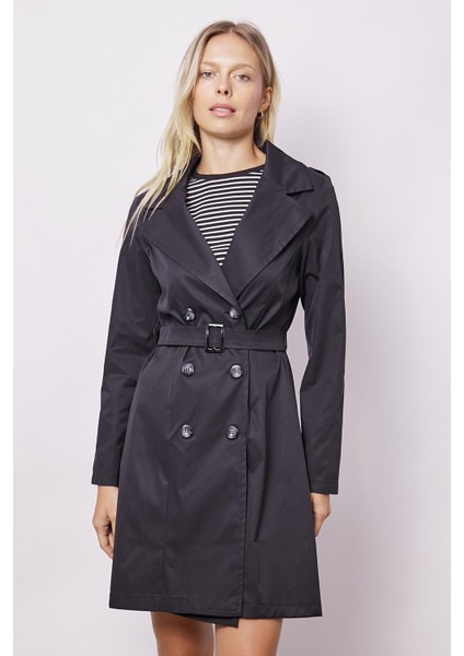 Kadın Cepli Kruvaze Anvelop Kemerli Hafif Likralı Kumaş Uzun Trençkot Ceket-Siyah fırsatları