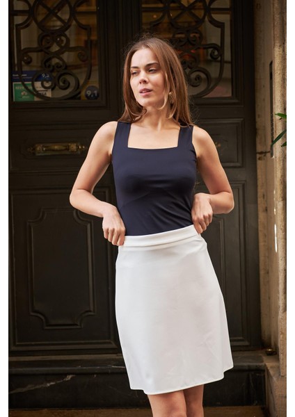 Yüksek Bel Hafif Likralı Kumaş Diz Boy Çan Etek-Krem fiyatları