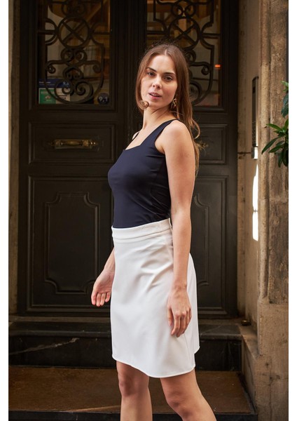 Yüksek Bel Hafif Likralı Kumaş Diz Boy Çan Etek-Krem modelleri