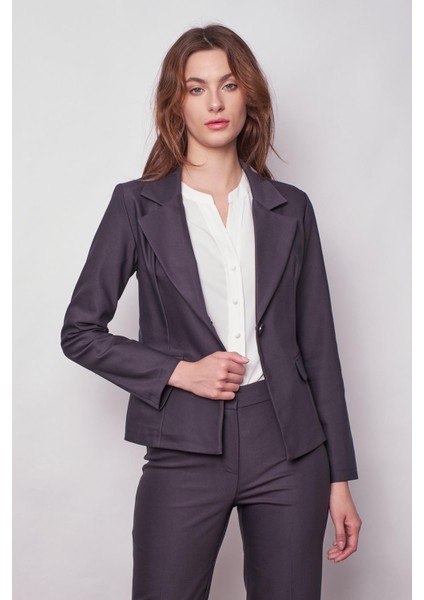 Kadın Yakalı Cep Kapaklı Uzun Kol Hafif Likralı Kumaş Blazer Ceket(Pantolon Jument 40076)-LACIVERT fırsatları
