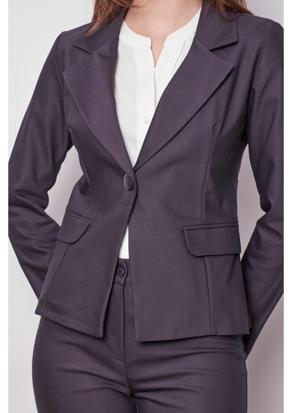 Kadın Yakalı Cep Kapaklı Uzun Kol Hafif Likralı Kumaş Blazer Ceket(Pantolon Jument 40076)-LACIVERT indirimleri