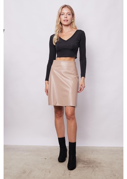 Kadın Hafif Likralı Deri Yüksek Bel Diz Boy Çan Etek-Bej