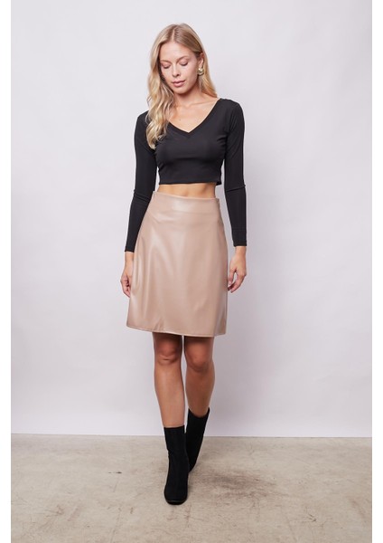 Kadın Hafif Likralı Deri Yüksek Bel Diz Boy Çan Etek-Bej fiyatları