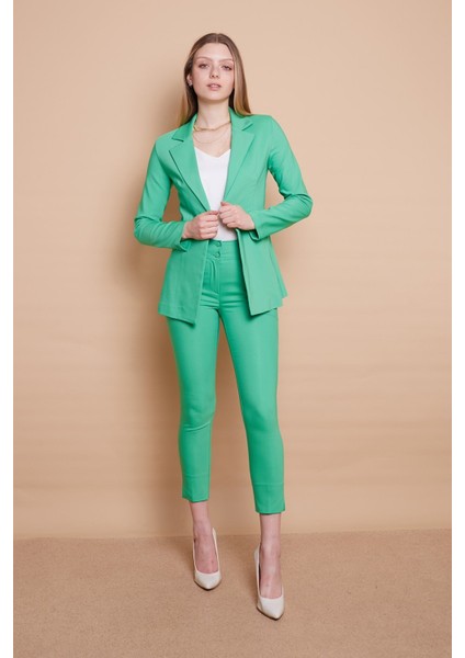 Yüksek Bel Cepli Paçası Yırtmaçlı Bilek Boy Hafif Likralı Kumaş Şık Ofis Pantolon-B.yeşil