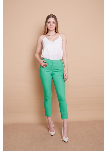 Yüksek Bel Cepli Paçası Yırtmaçlı Bilek Boy Hafif Likralı Kumaş Şık Ofis Pantolon-B.yeşil