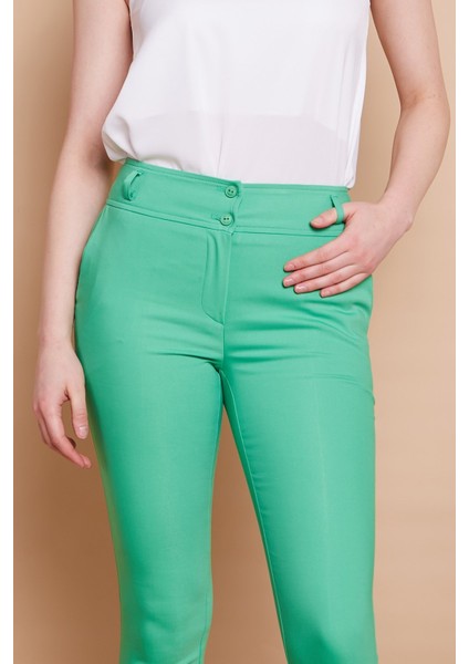 Yüksek Bel Cepli Paçası Yırtmaçlı Bilek Boy Hafif Likralı Kumaş Şık Ofis Pantolon-B.yeşil