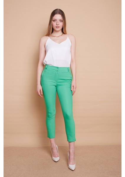 Yüksek Bel Cepli Paçası Yırtmaçlı Bilek Boy Hafif Likralı Kumaş Şık Ofis Pantolon-B.yeşil