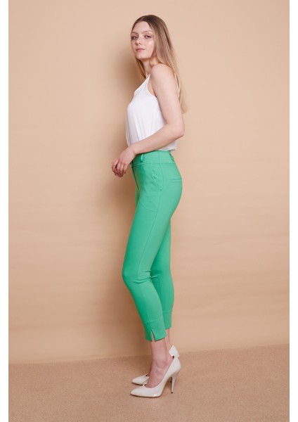 Yüksek Bel Cepli Paçası Yırtmaçlı Bilek Boy Hafif Likralı Kumaş Şık Ofis Pantolon-B.yeşil