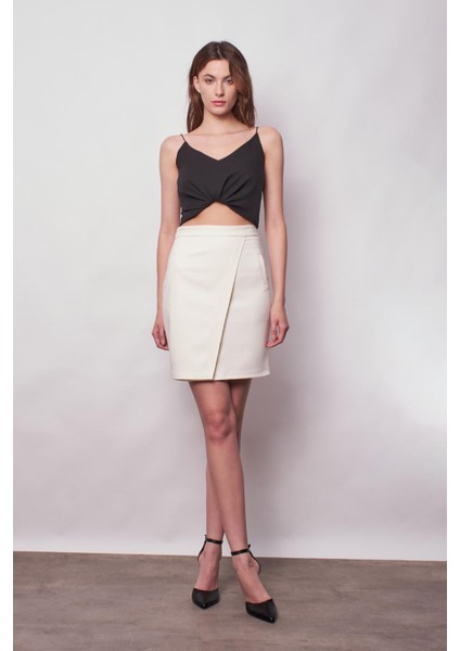 Yüksek Bel Anvelop Kruvaze Hafif Likralı Kumaş Kalem Ofis Etek-Krem