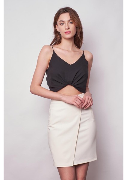 Yüksek Bel Anvelop Kruvaze Hafif Likralı Kumaş Kalem Ofis Etek-Krem fiyatları