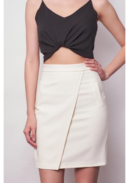 Yüksek Bel Anvelop Kruvaze Hafif Likralı Kumaş Kalem Ofis Etek-Krem modelleri