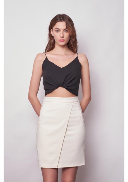 Yüksek Bel Anvelop Kruvaze Hafif Likralı Kumaş Kalem Ofis Etek-Krem fırsatları