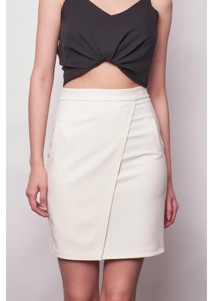 Yüksek Bel Anvelop Kruvaze Hafif Likralı Kumaş Kalem Ofis Etek-Krem indirimleri