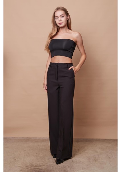 Yüksek Bel Yan Cepli Bol Paça Palazzo Pantolon -Siyah